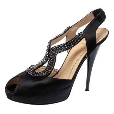 Fendi Black Satin Crystal Embellished Slingback Platform Sandals Size