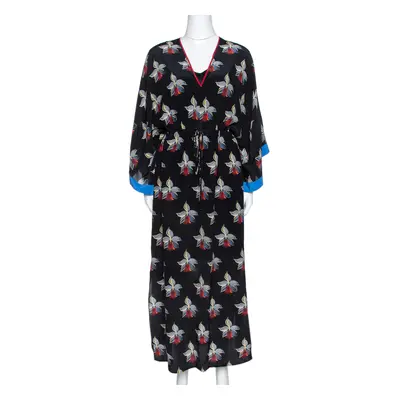 Fendi Black Orchid Print Silk Oversized Maxi Kaftan