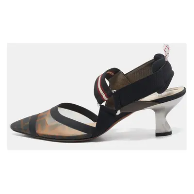 Fendi Black/Brown Zucca Mesh and Leather Colibri Pumps Size