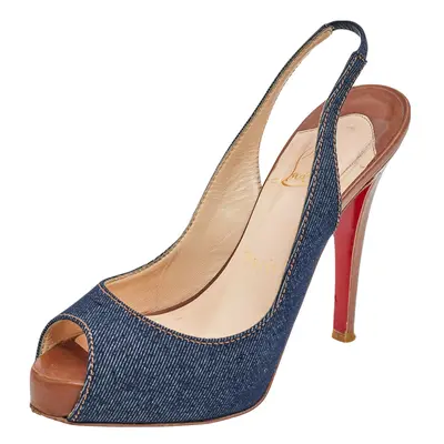 Christian Louboutin Blue Denim Fabric Lady Peep Toe Slingback Platform Sandals Size