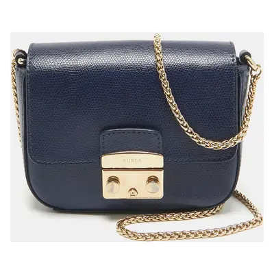 Furla Navy Blue Leather Mini Metropolis Chain Crossbody Bag