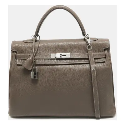 Hermes Etain Taurillion Clemence Leather Palladium Finish Kelly Retourne Bag