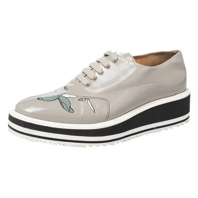 Prada Grey Leather Flower Print Platform Lace Up Oxford Size