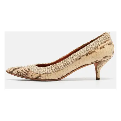 Oscar de la Renta Beige Water Snake And Raffia Pointed Toe Pumps Size