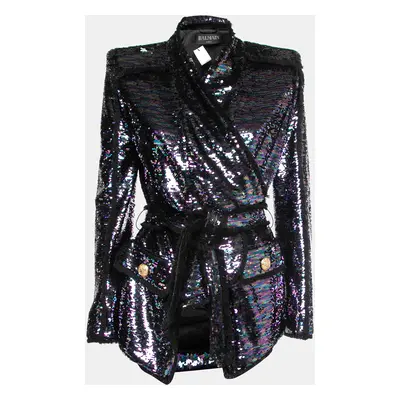 Balmain Purple Sequined Frayed Belted Blazer