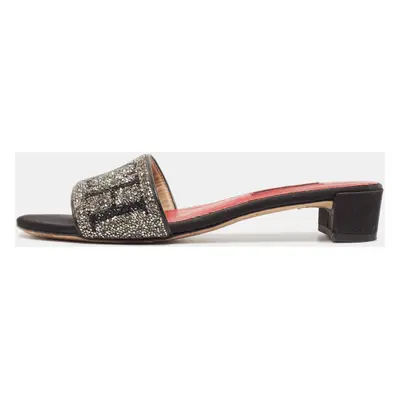 CH Carolina Herrera Black Glitter and Satin Slide Sandals Size