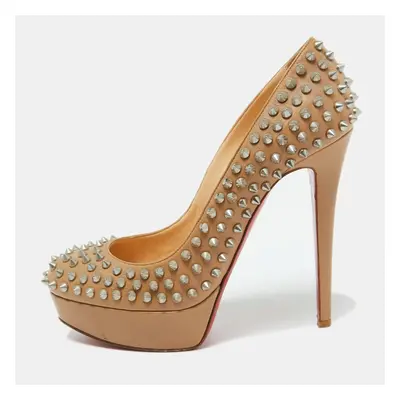 Christian Louboutin Beige Leather Bianca Spikes Platform Pumps Size 39.5