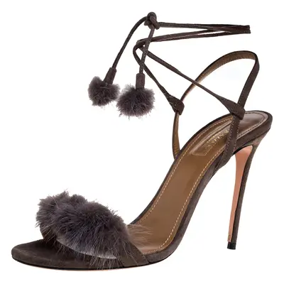 Aquazzura Grey Mink Fur and Suede Wild Russian Ankle Wrap Sandals Size