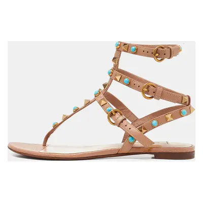 Valentino Beige Leather Rockstud Ankle-Strap Flats Size