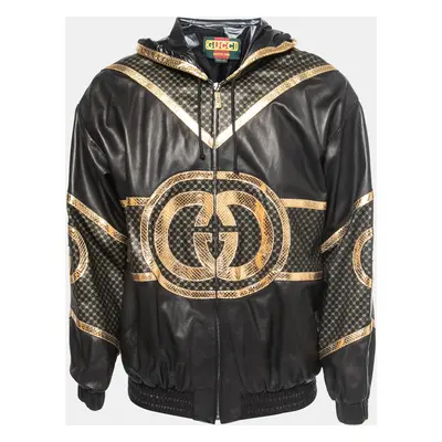 Gucci Dapper Dan Black & Gold Leather Logoed Hooded Jacket