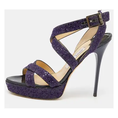 Jimmy Choo Purple Glitter Criss Cross Vamp Platform Sandals Size