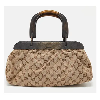 Gucci Beige GG Canvas Wooden Handle Satchel