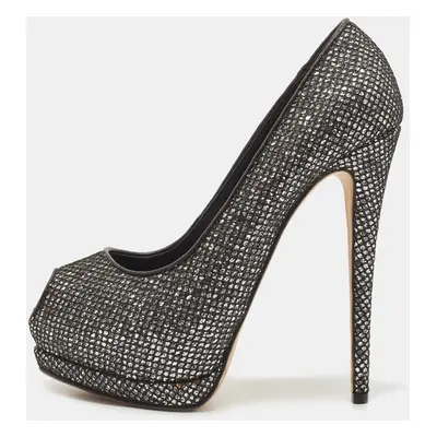 Giuseppe Zanotti Black Glitter and Mesh Platform Peep Toe Pumps Size