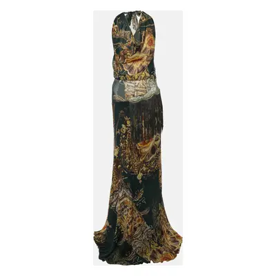 Class by Roberto Cavalli Green Printed Silk Lace Halter Neck Dress