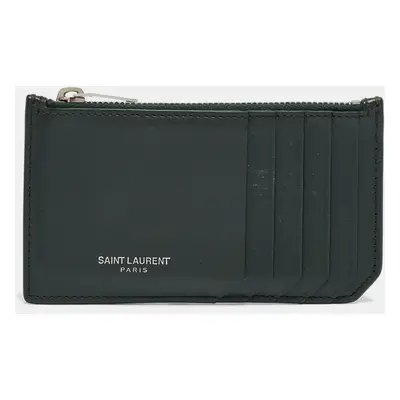 Saint Laurent Dark Green Leather Fragment Zip Card Holder