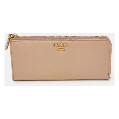 Prada Beige Saffiano Leather Zip Around Continental Wallet