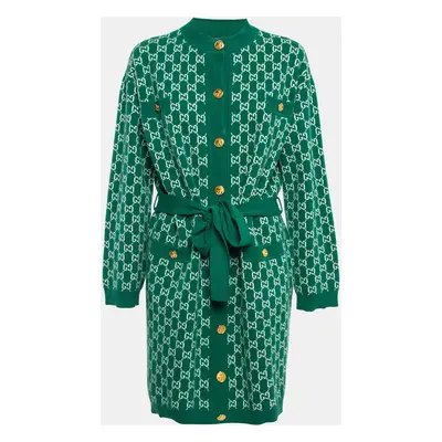 Gucci Green GG Patterned Wool Knit Belted Long Cardigan