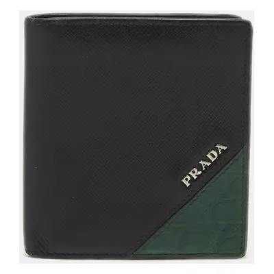 Prada Black/Green Leather and Croc Logo Bifold Wallet