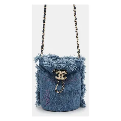 Chanel Blue Denim Leather Logo Mini Drawstring Shoulder Bag