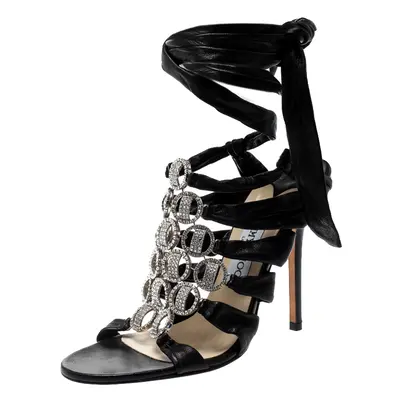 Jimmy Choo Black Leather Marine Crystal Embellished Tie Up Sandals Size