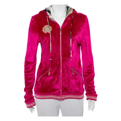 Roberto Cavalli Pink Velour Hooded Zip Front Jacket