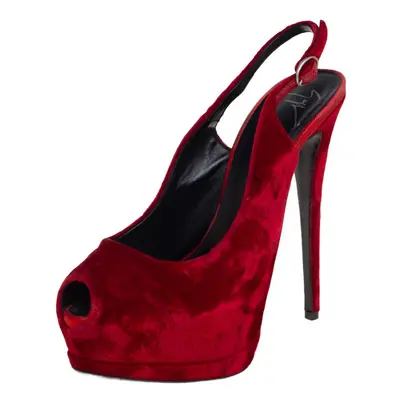 Giuseppe Zanotti Red Velvet Peep Toe Slingback Platform Sandals Size 38.5