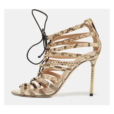 Valentino Brown/Beige Watersnake Rockstud Lace Up Strappy Sandals Size 37.5