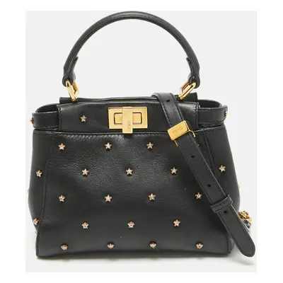 Fendi Black Leather Extra Small Crystal Peekaboo Top Handle Bag