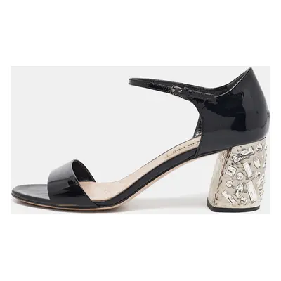 Miu Miu Black Patent Leather Crystal Embellished Ankle Strap Sandals Size