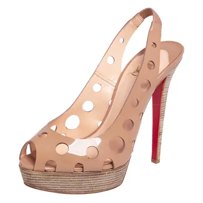 Christian Louboutin Beige Patent Leather Ginza Platform Slingback Sandals Size