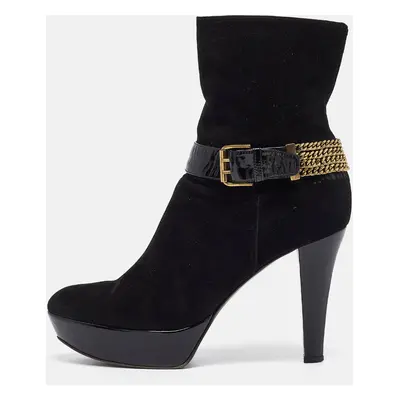 Casadei Black Suede Buckle Chain Embellished Platform Ankle Boots Size