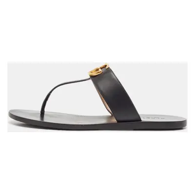 Gucci Black Leather GG Marmont Thong Flat Sandals Size