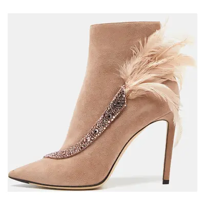 Jimmy Choo Pink Suede and Feather Crystal Embellished Ankle Boots Size