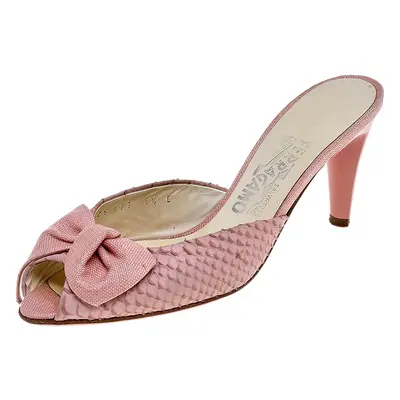 Salvatore Ferragamo Pink Snakeskin Embossed Leather And Raffia Bow Peep Toe Slide Sandals Size