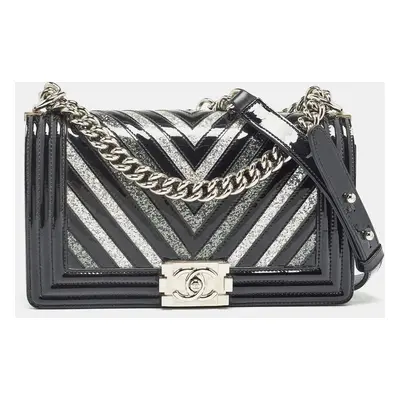 Chanel Black/Silver Chevron Patent Leather Boy Flap Bag