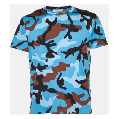 Valentino Blue Camo Print Cotton Round Neck T-Shirt