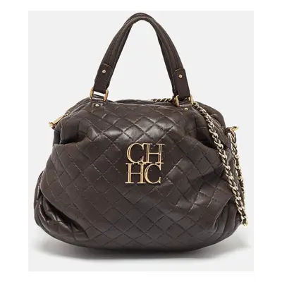 Carolina Herrera Dark Brown Quilted Leather Pleated Chain Satchel