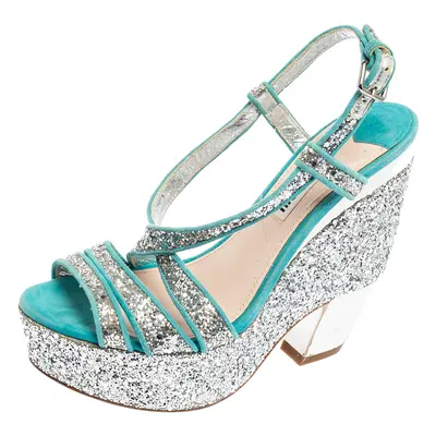 Miu Miu Turquoise Suede and Glitter Ankle Strap Platform Sandals Size