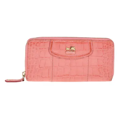 Coach Coral Pink Croc Embossed Leather Zip Around Wallet