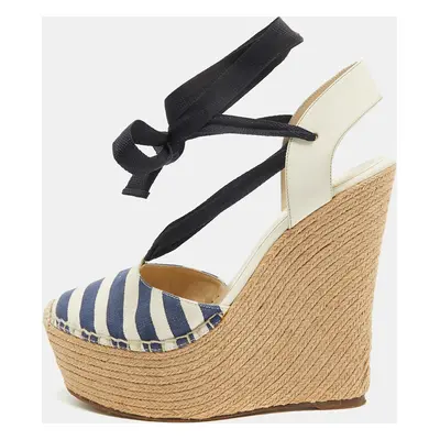 Gucci Two Tone Canvas and Leather Espadrille Wedge Ankle Tie Pumps Size