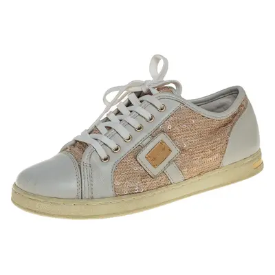 Dolce &Gabbana White/Brown Leather Sequin Embellished Sneakers Size