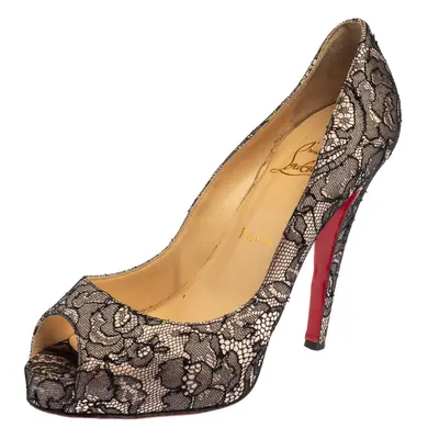 Christian Louboutin Black/Light Pink Lace And Satin Very Prive Peep Toe Platform Pumps Size 37.5