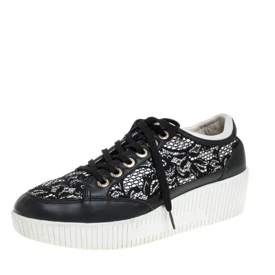 Dolce & Gabbana Black Leather/Lace, and Fabric Wedge Sneakers Size 38.5