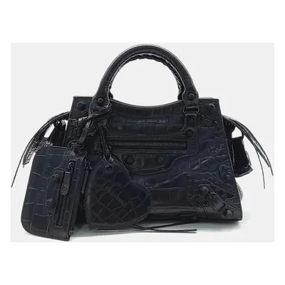 Balenciaga Black Semi Shiny Calfskin Crocodile Embossed Neo Classic Black Hardware Mini City