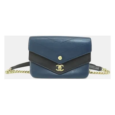 Chanel Black/Navy Blue Calfskin Elaphe Double Chevron Flap Bag