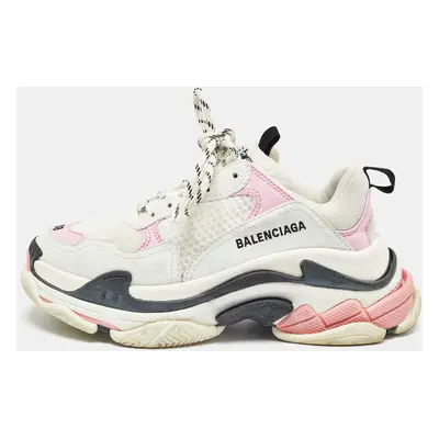 Balenciaga White/Pink Mesh and Faux Leather Triple Sneakers Size