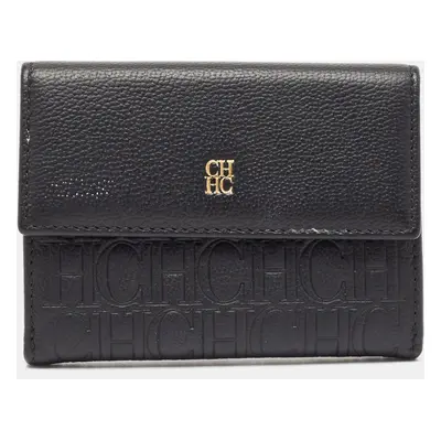 CH Carolina Herrera Black Monogram Leather Compact Wallet