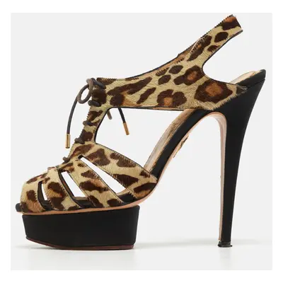 Charlotte Olympia Beige/Brown Leopard Calf hair Lace Up Platform Sandals Size