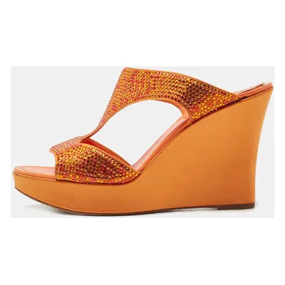 René Caovilla Orange Satin Crystal Embellished Wedge Slides Size