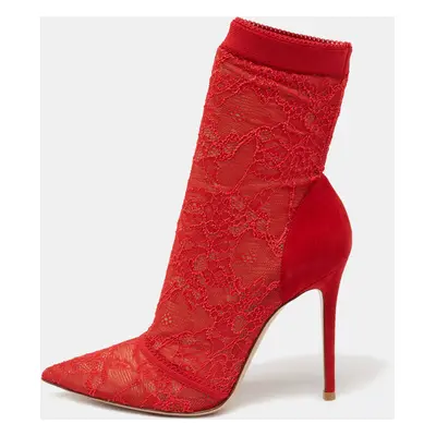 Gianvito Rossi Red Lace And Suede Pointed Ankle Booties Size